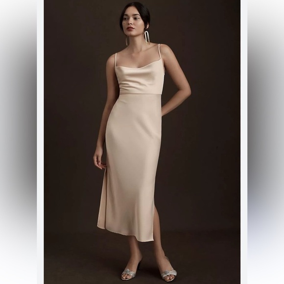 BHLDN Dresses & Skirts - NWT BHLDN Cali Satin Cowl Neck MIDI Slip Dress in Champagne. Classic. Occasion.